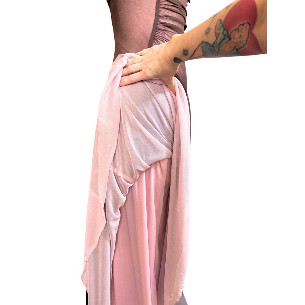 Y2K CityTriangles Embroidered Ruched Mesh Mermaid Maxi Dress S Brown Pink - Picture 4 of 10